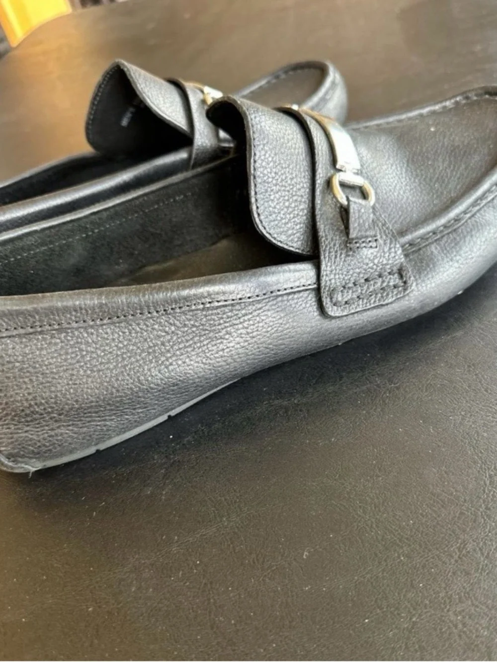 Cole Haan Black Leather Slip On Silver Horse Bit Buckle Detail Loafers